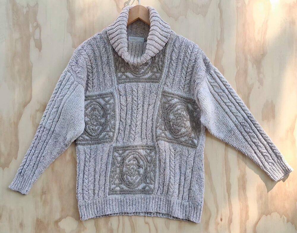 Faralee Embroidered Geometric Knit Sweater M Cotton/ Ramie Turtleneck Preppy